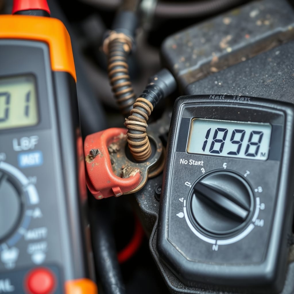 A close-up of a battery terminal connection with visible corrosion and a multimeter showing a blurred reading.