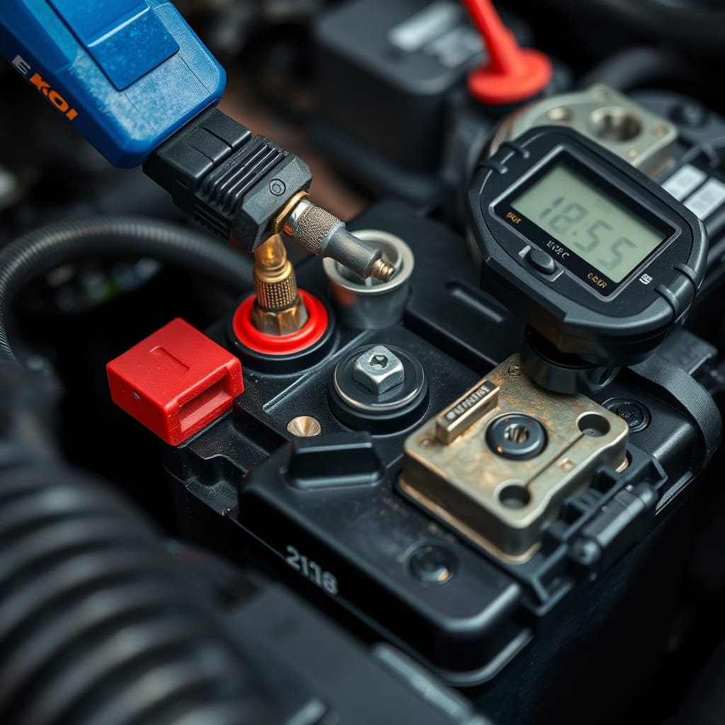 Close-up of a vehicle's battery terminals, showing connections and signs of wear or corrosion in a well-lit workshop.