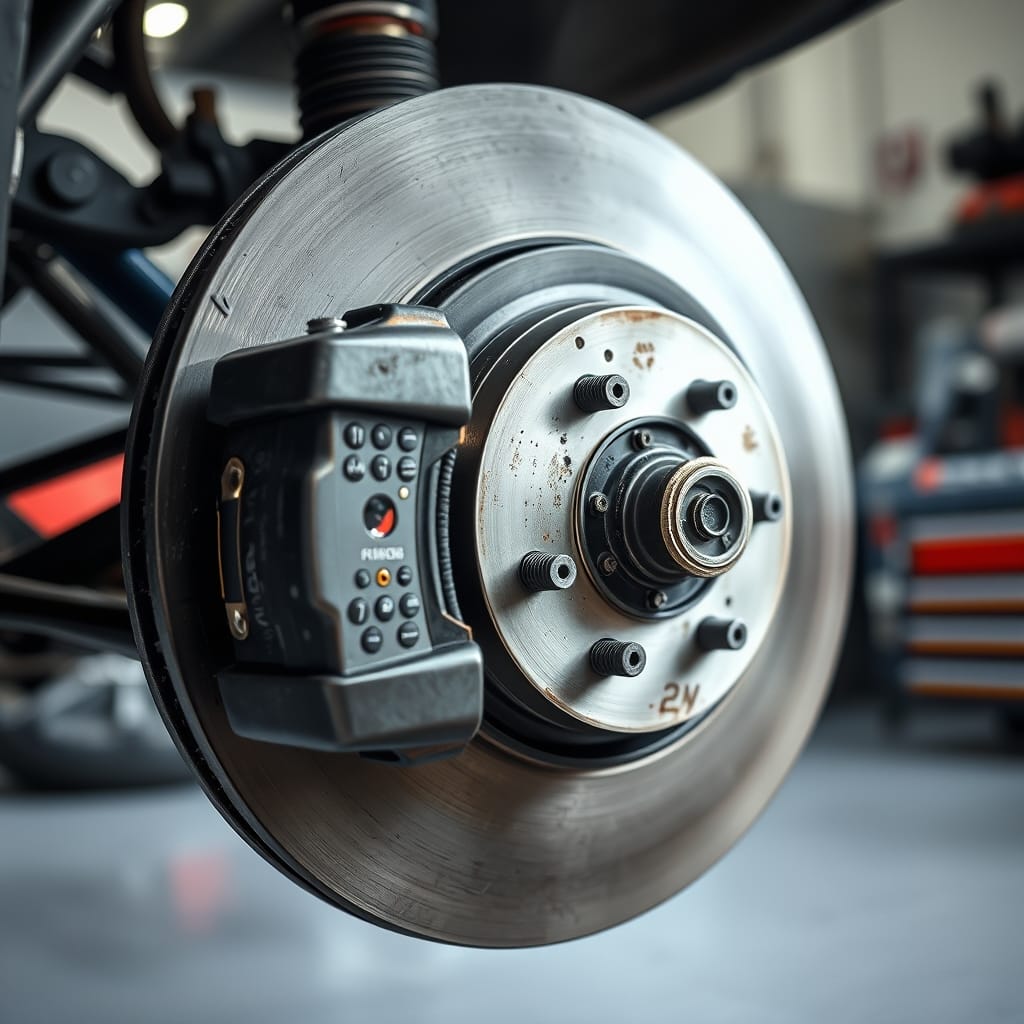 Close-up of a brake rotor and worn brake pad in a clean garage environment, focusing on wear and texture.