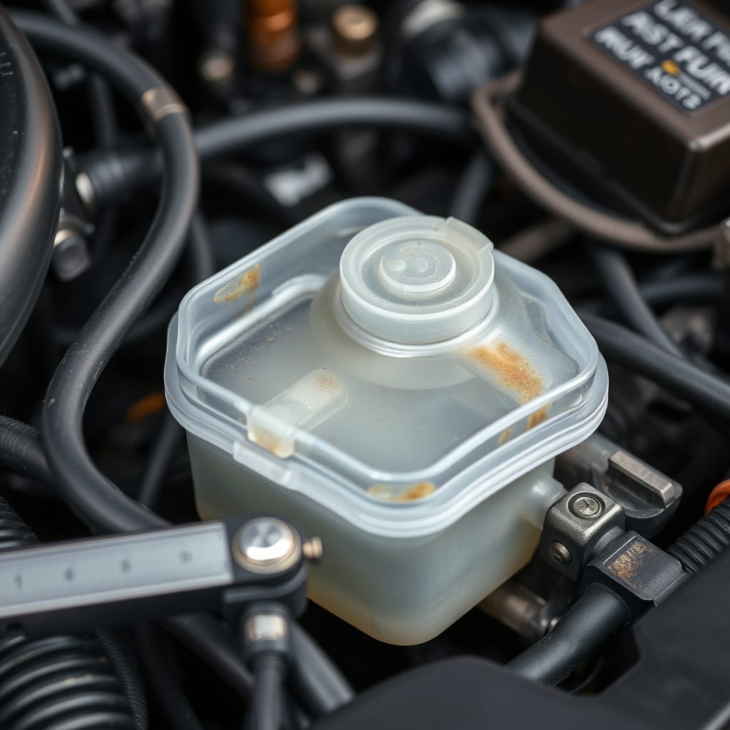 A close-up of a brake fluid reservoir in an engine bay, showing low fluid level that can activate the ABS warning light.