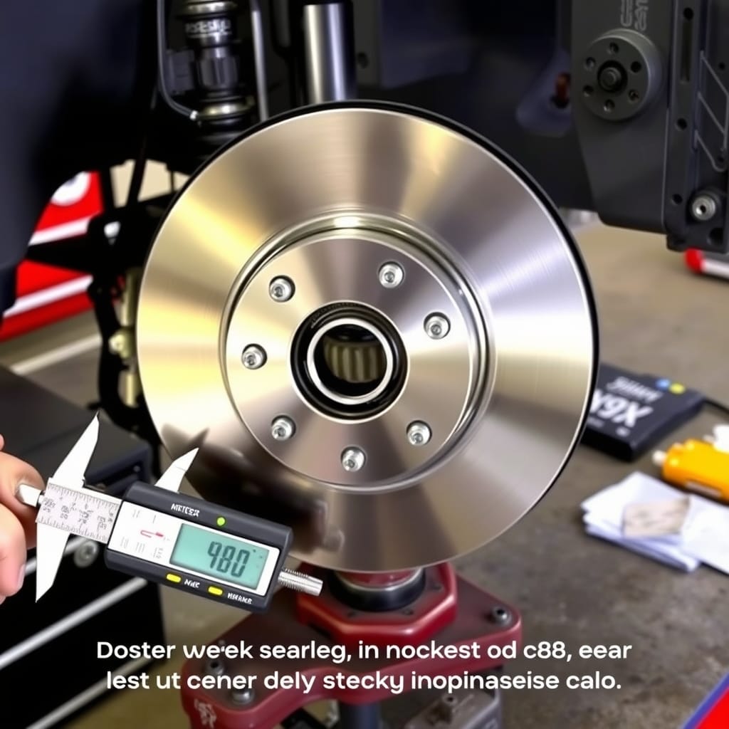 A brake rotor on a workbench with measuring tools assessing thickness, emphasizing the need to check for warping that can cause car shaking.