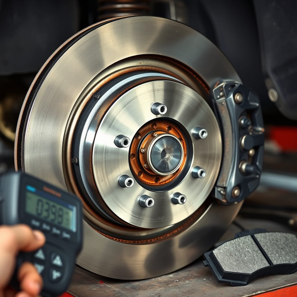 Inspection view of a brake rotor and pads on a workbench, showing surface texture to assess wear related to steering wheel vibrations.