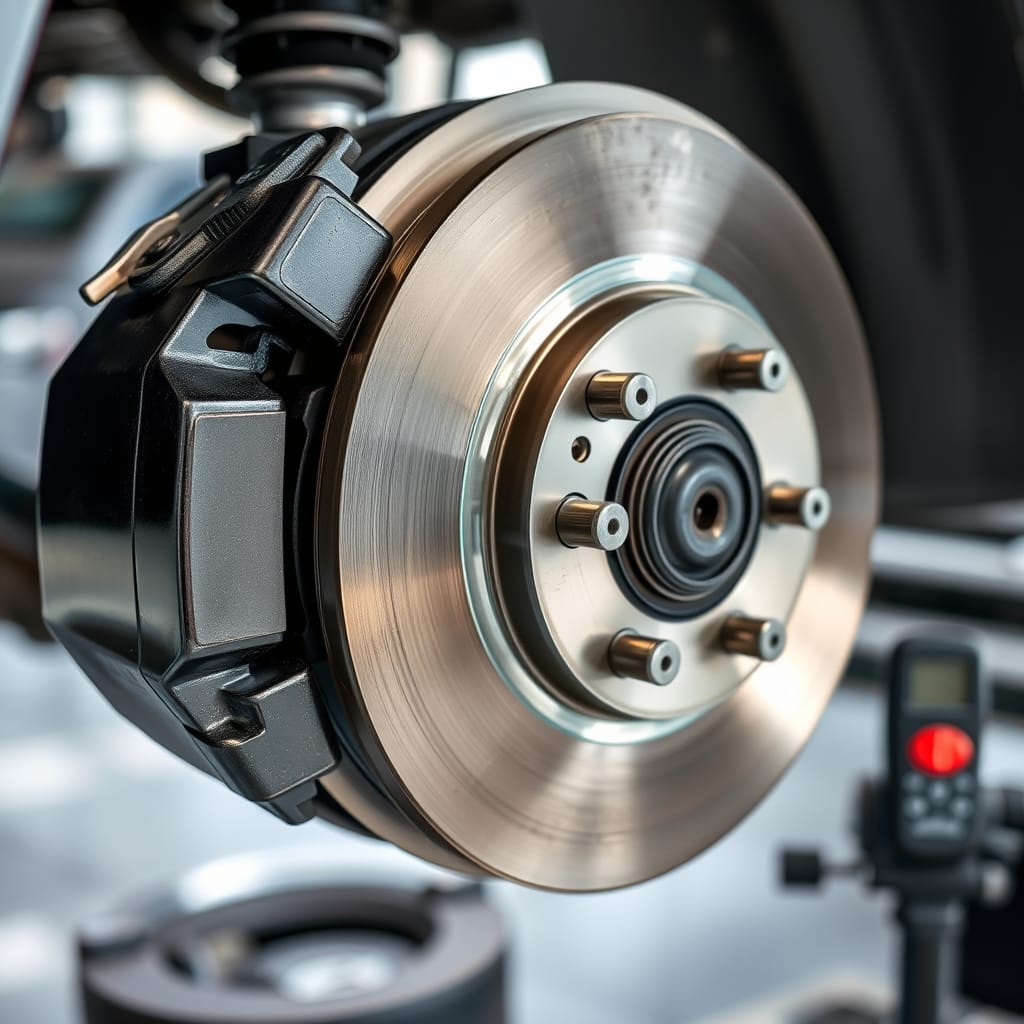 Close-up view of a brake system showing worn brake pads and rotors, which can produce a burning rubber smell if not addressed.