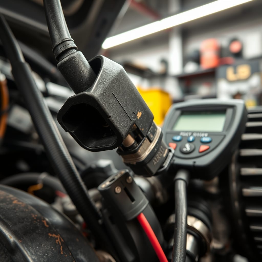 Close-up of a camshaft position sensor with its wiring harness, focusing on the connector and wiring integrity.