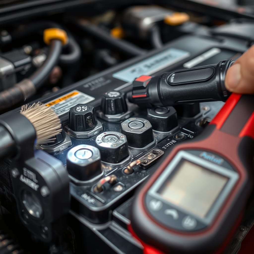 Close-up of a car battery's terminals being inspected for corrosion with a flashlight and brush nearby in a garage.