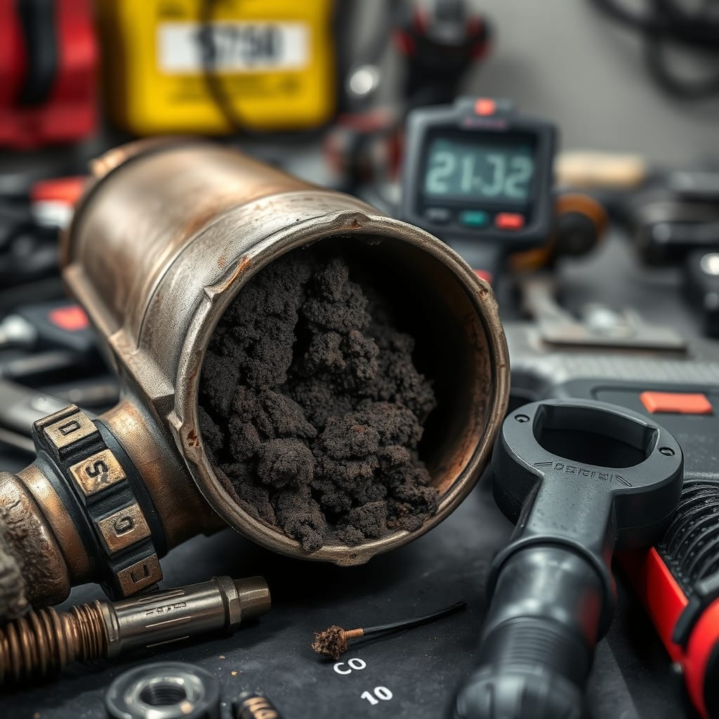 Close-up of a clogged catalytic converter with visible carbon deposits and obstructions, taken on a workbench.