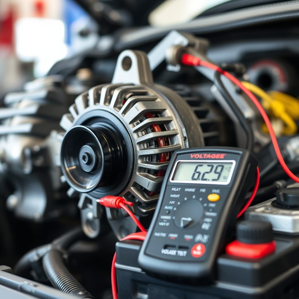 A close-up of an alternator with a multimeter connected to battery terminals in a garage.