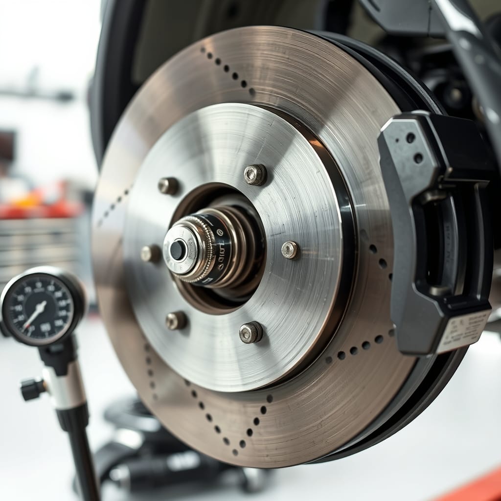 Brake rotor and caliper shown during inspection for possible brake vibration causes