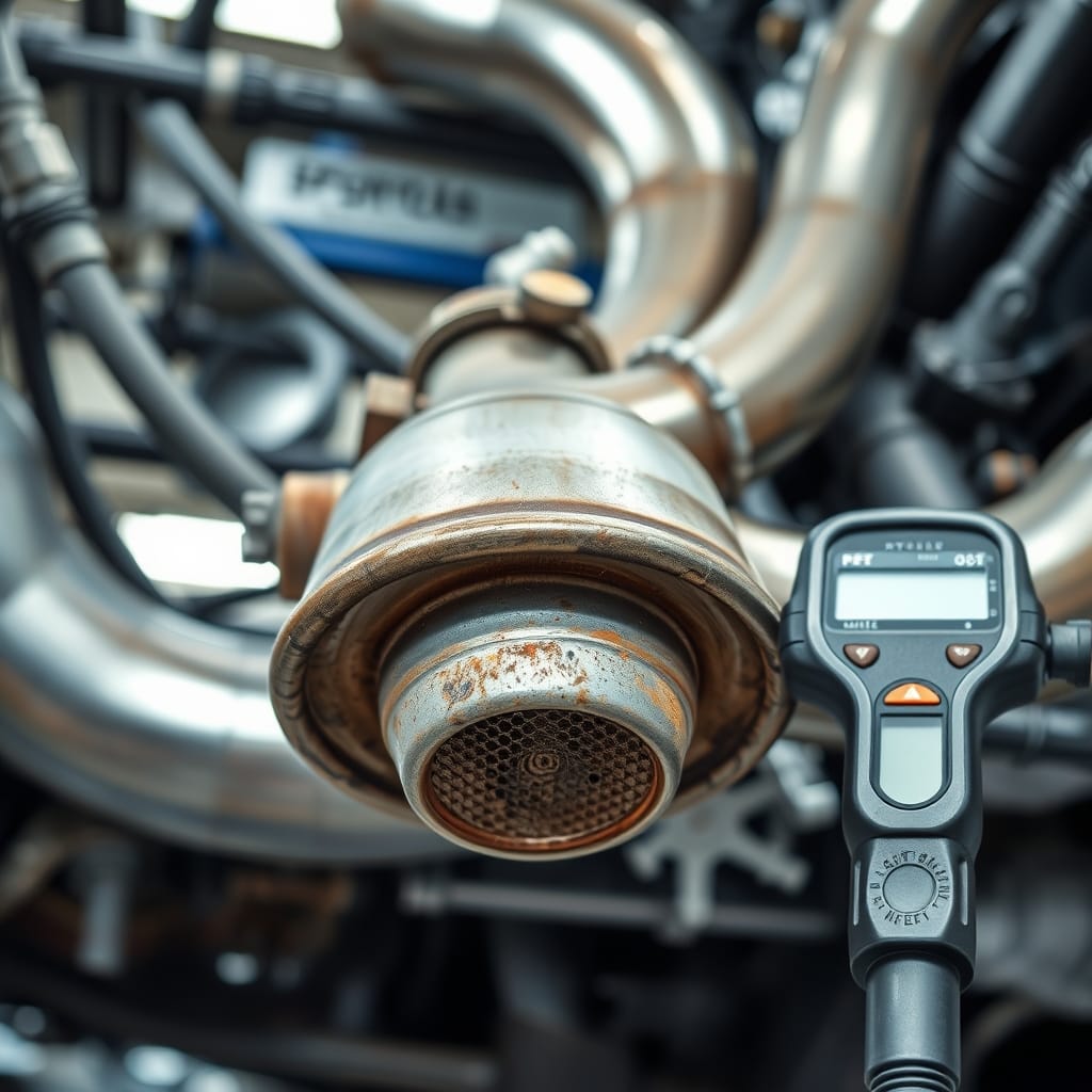 Close-up of a catalytic converter with visible surface texture and connection points in a clean workshop.