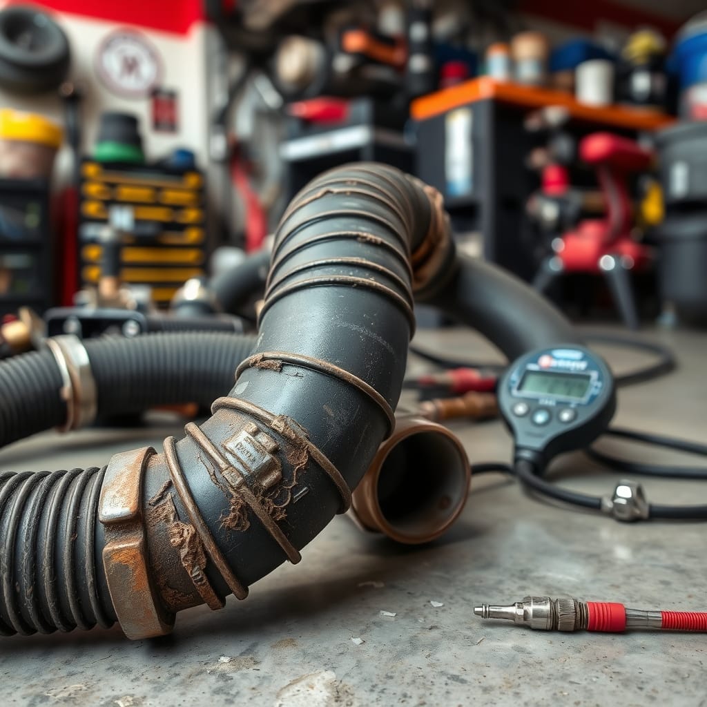 Close-up of a coolant hose showing signs of swelling and potential cracks against a garage floor backdrop.