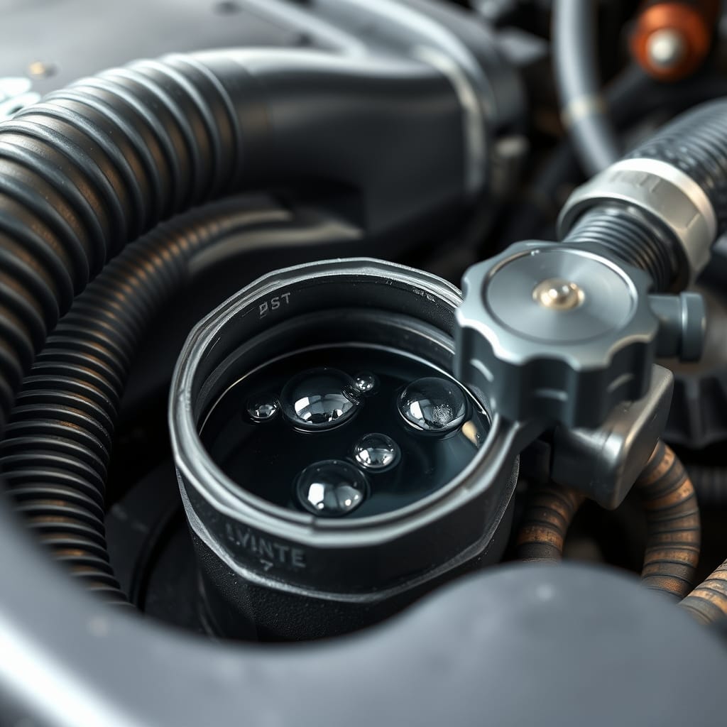 Close-up of a vehicle coolant reservoir and surrounding cooling system hoses