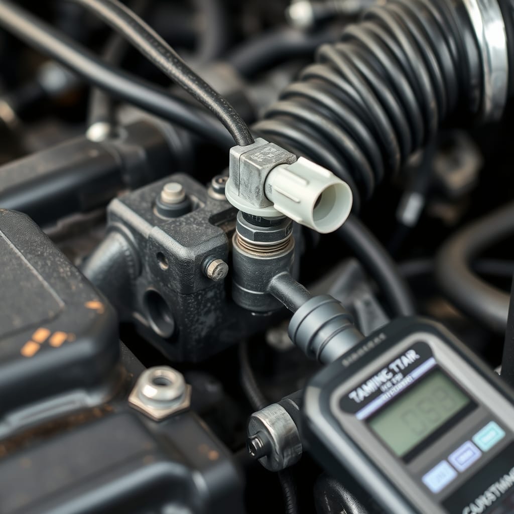 A close-up of a coolant temperature sensor on the engine block, highlighting its wiring and connection.