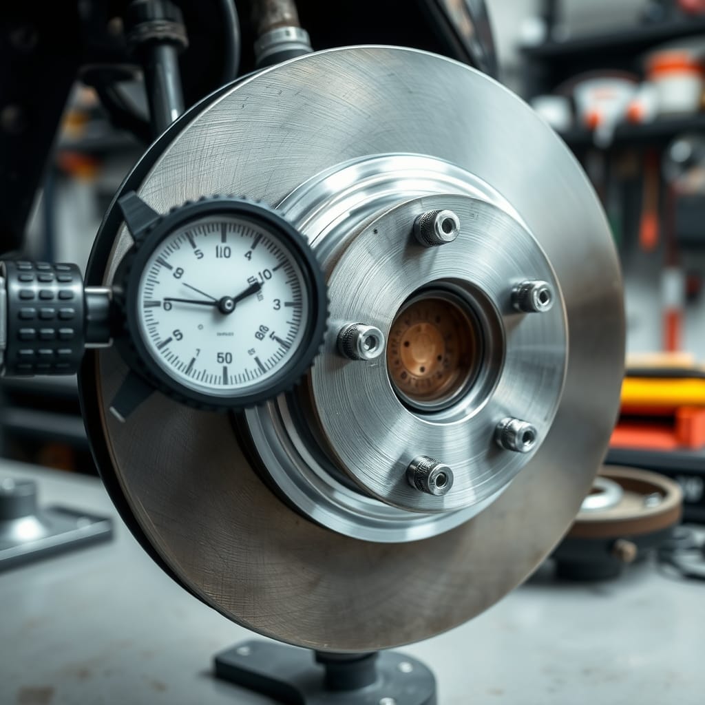 A close-up view of a dial indicator measuring a brake rotor, highlighting a section of the rotor surface in an automotive workshop.