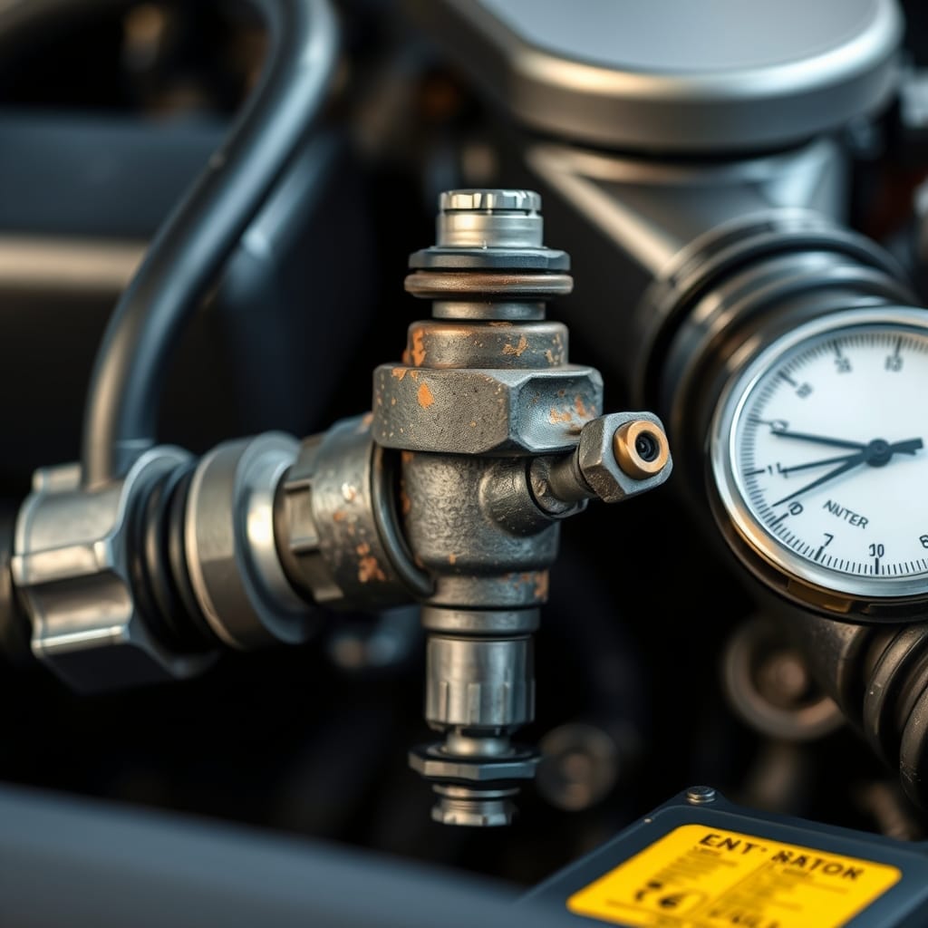 Close-up of a fuel injector mounted on an engine, highlighting its details and possible wear indicators.