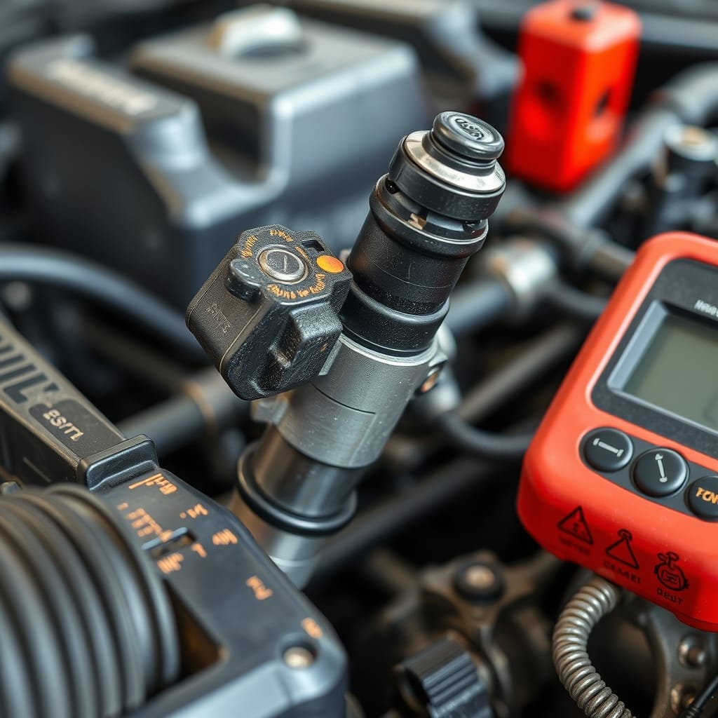 A close-up of a fuel injector connected to the fuel rail, showing details that are critical for proper fuel delivery.
