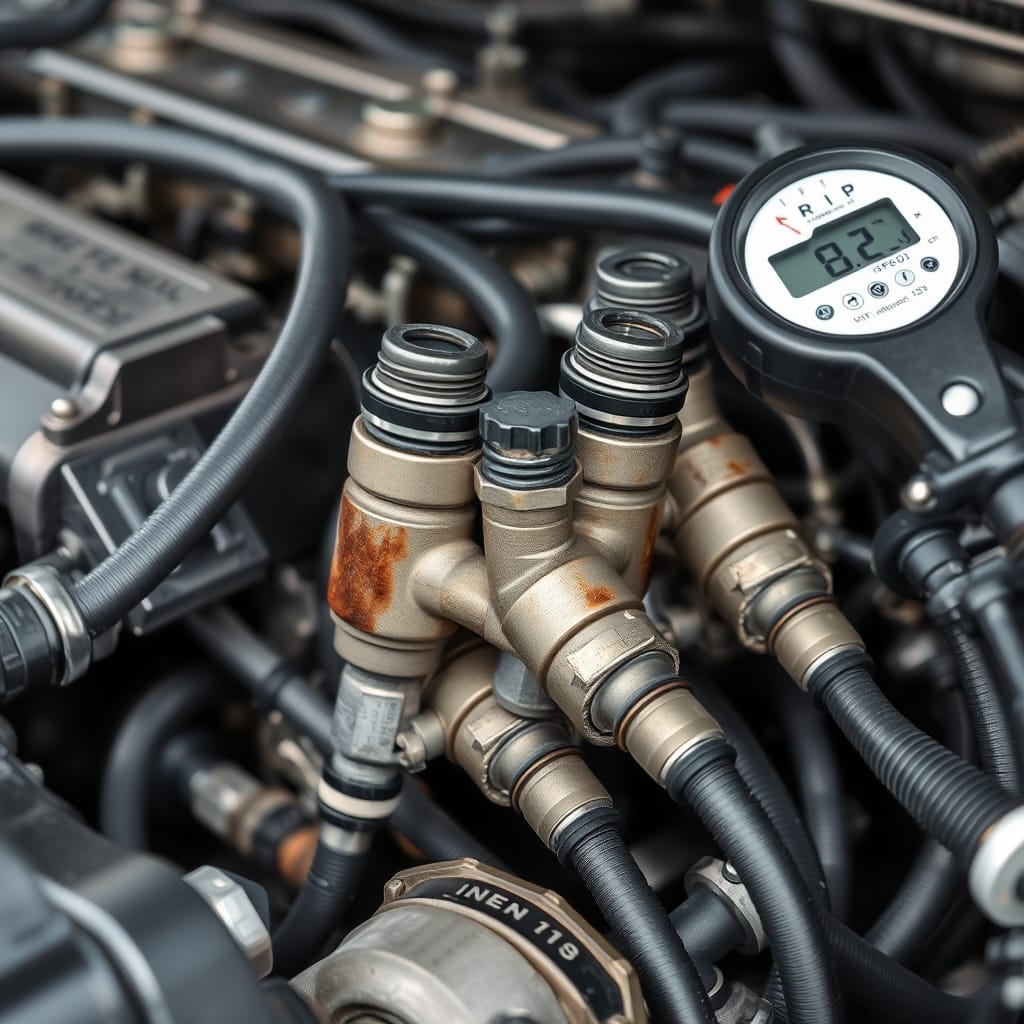 A detailed close-up of fuel injectors and fuel lines showing potential wear and dark stains that suggest leakage.