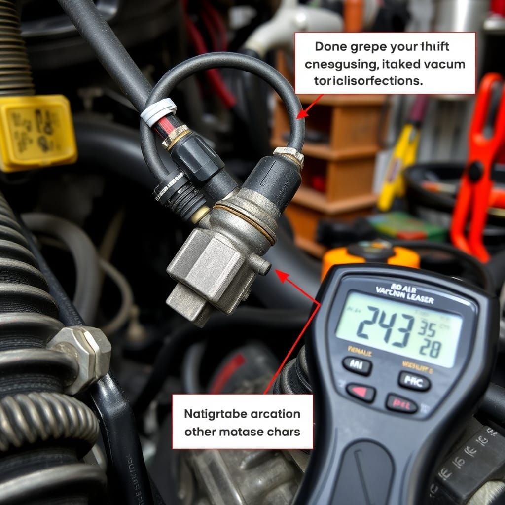 Close-up view of a Mass Air Flow sensor with worn wiring connections, inspection tools nearby, showing potential dirt buildup and vacuum leaks.