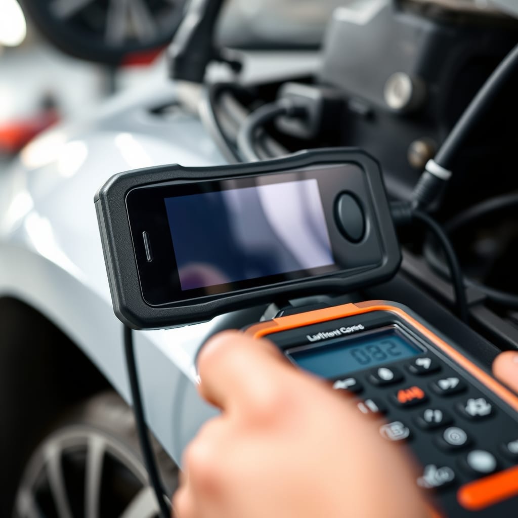 A close-up of an OBD-II scanner connected to a vehicle's diagnostic port, showing various wires in a well-lit garage.