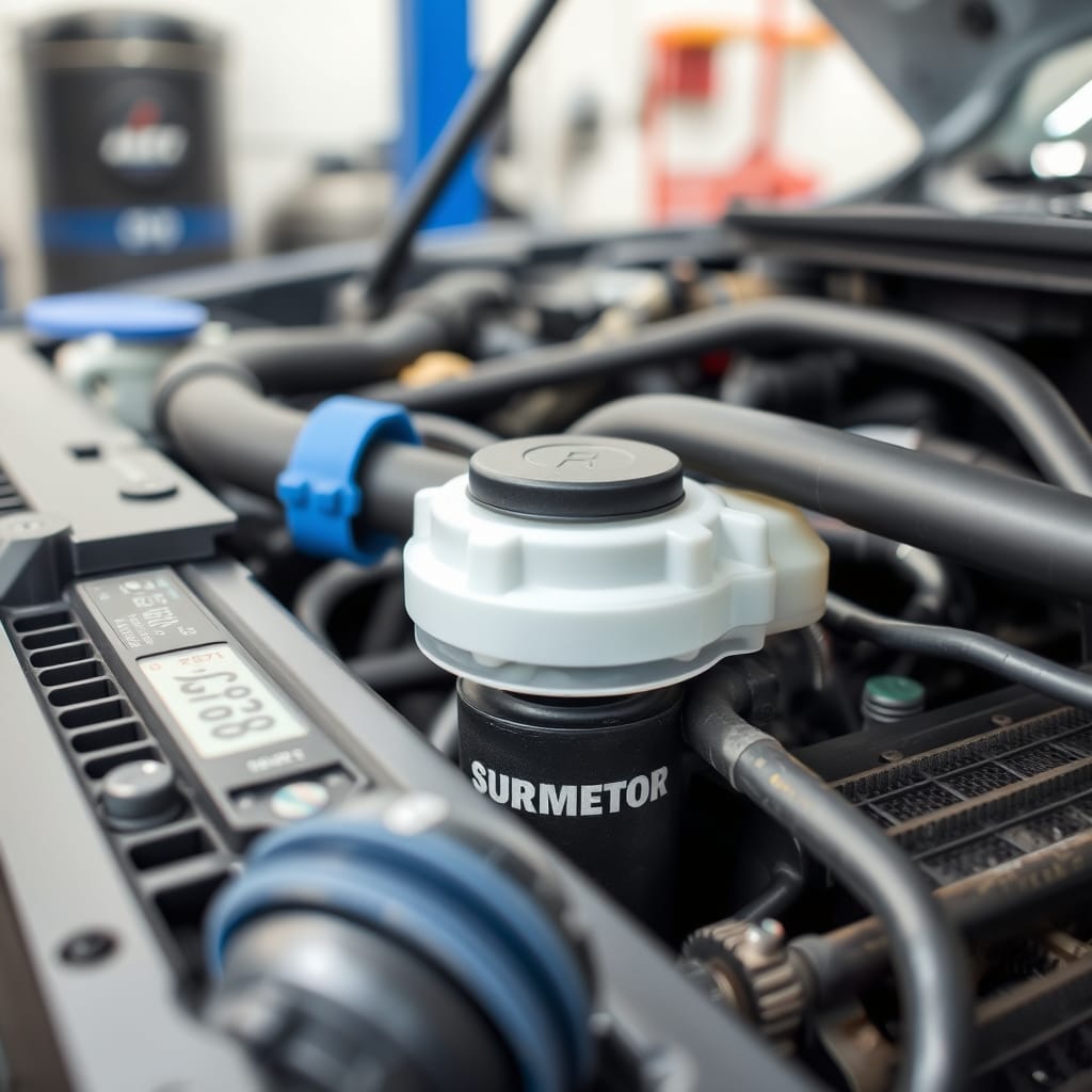 A close-up view of a car's radiator and coolant reservoir, with visible hoses and coolant in a well-lit workshop.