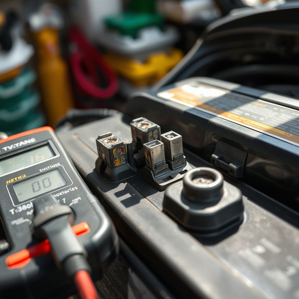 A close-up view of a car battery's terminals showing corrosion and loose connections, with a multimeter nearby for testing.
