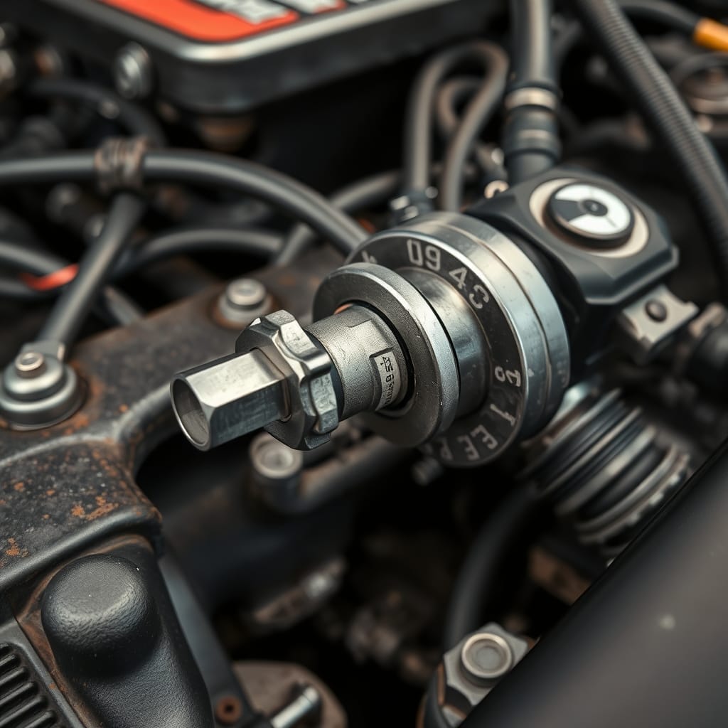 Close-up view of an oil pressure sensor installed on the engine block, surrounded by engine components in a well-lit garage.
