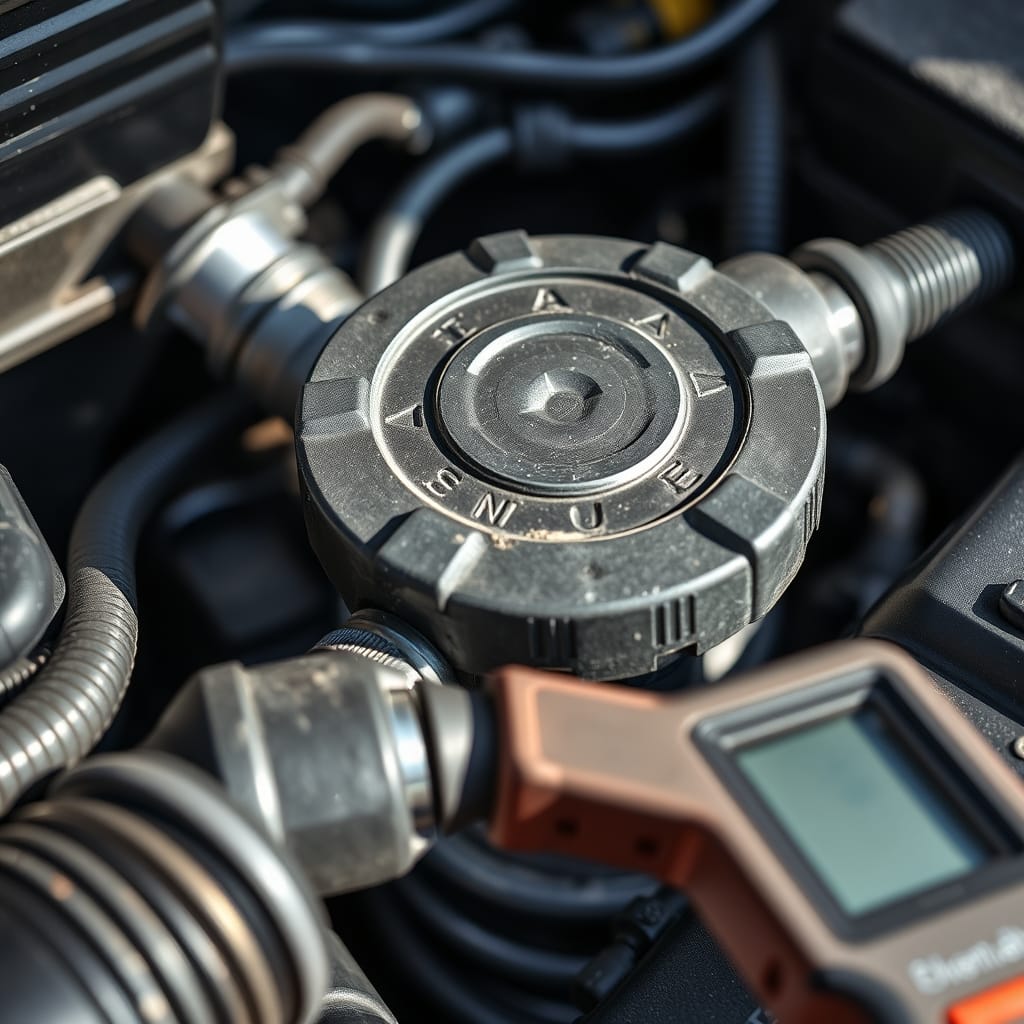 A close-up of a radiator cap and surrounding area, highlighting the texture and condition of the components.