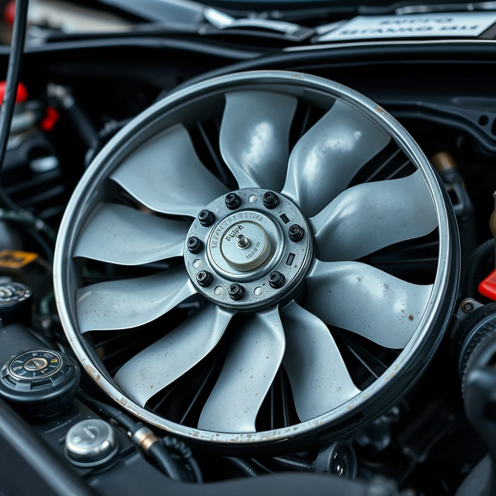 A close-up view of a radiator fan motor highlighting its wiring and connections within the engine bay.