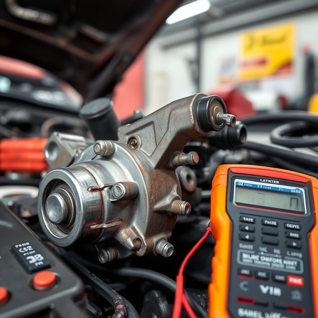 A close-up of a starter motor showing electrical connections and signs of wear in a garage setting.