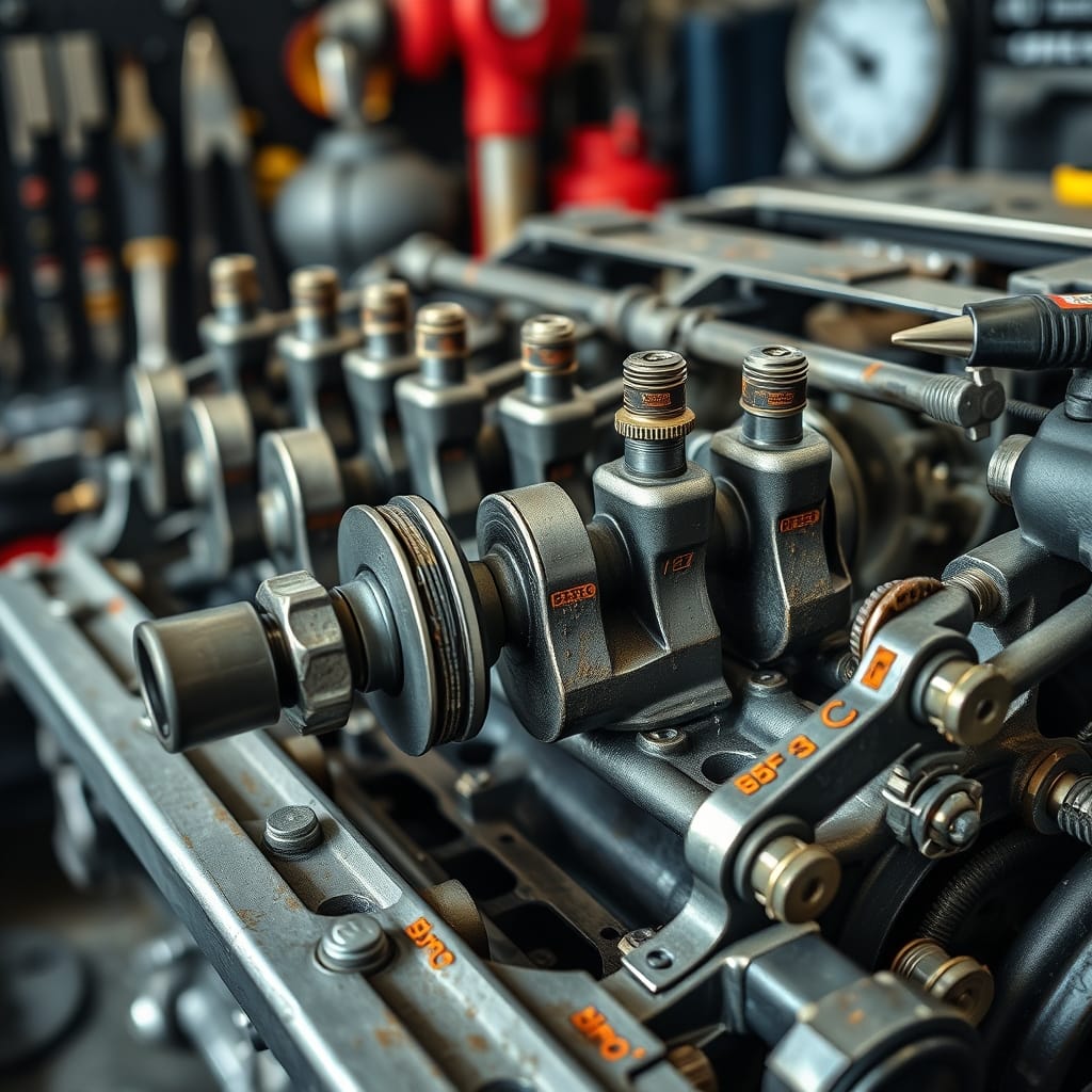 A close-up of a valve train assembly featuring valve lifters and a camshaft, captured in a professional garage.