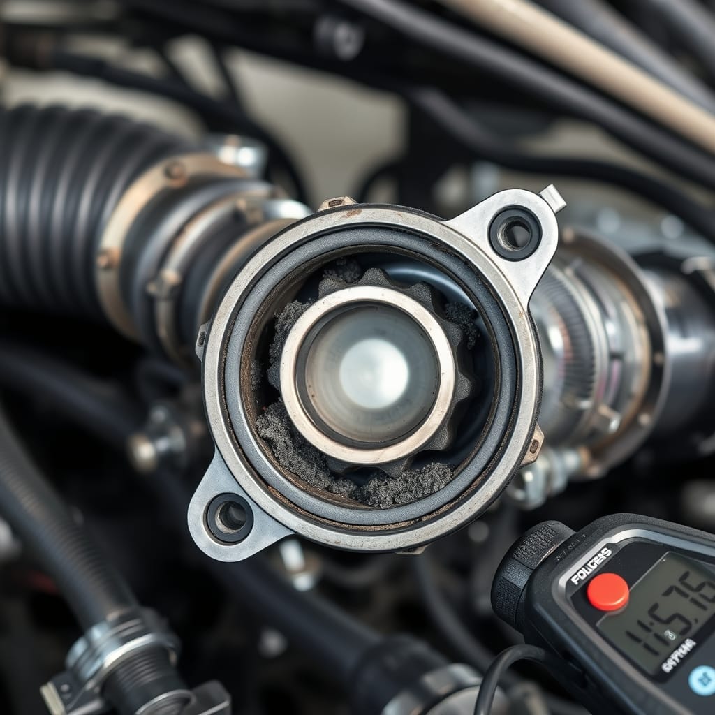 A close-up of an EGR valve showing carbon buildup and normal wear in a garage setting.