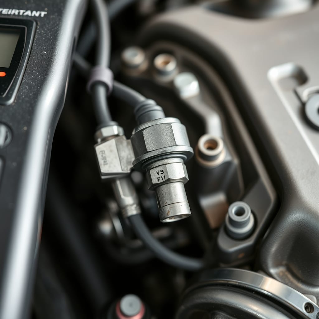 A close-up of a coolant temperature sensor on an engine, showing wiring and surrounding components, illustrating the inspection for P0125 code issues.