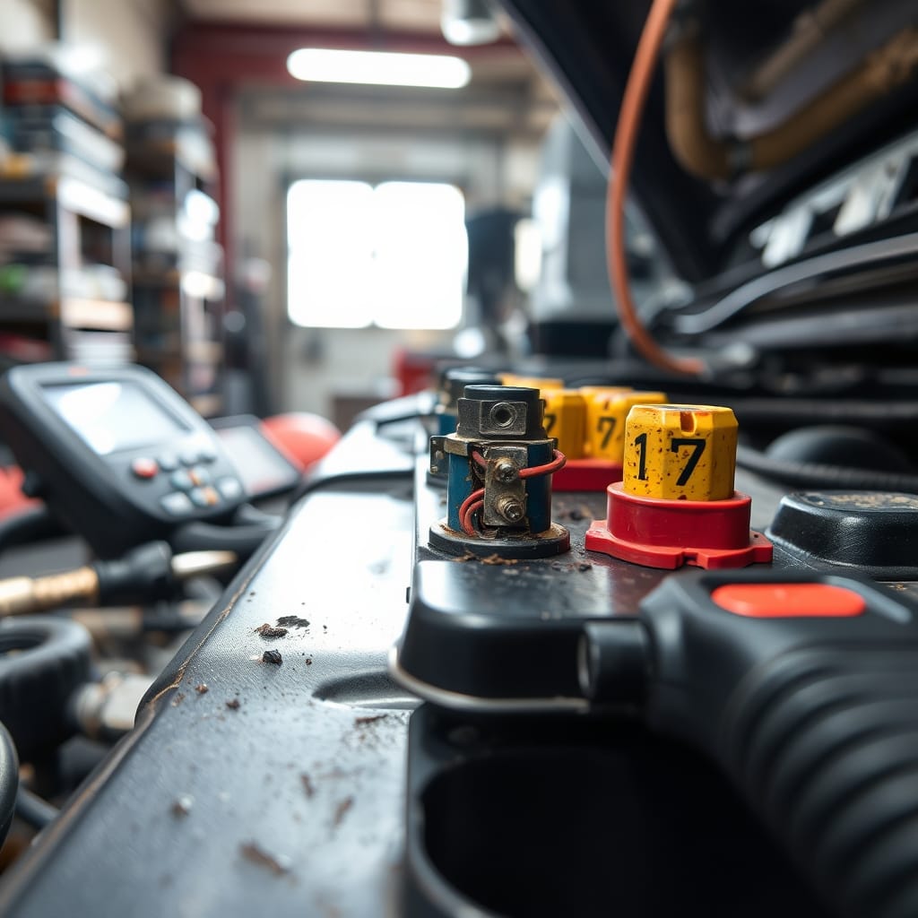Close-up of corroded battery terminals and loose connections on a workbench, with tools nearby, emphasizing inspection for no-start issues.