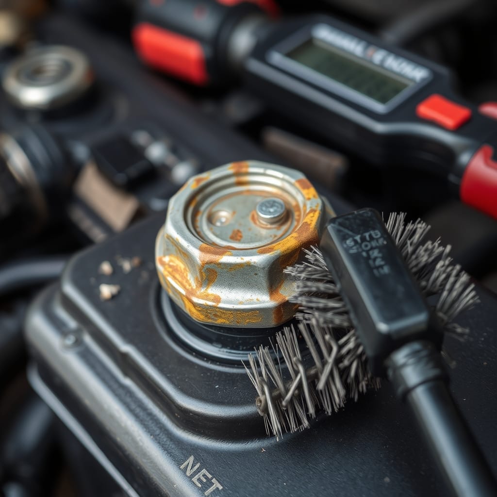 Close-up of a corroded car battery terminal with a wire brush nearby for cleaning.
