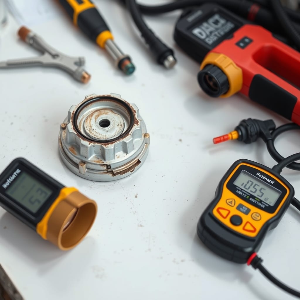 Close-up of a damaged gas cap and cracked EVAP hoses on a workbench with automotive tools.