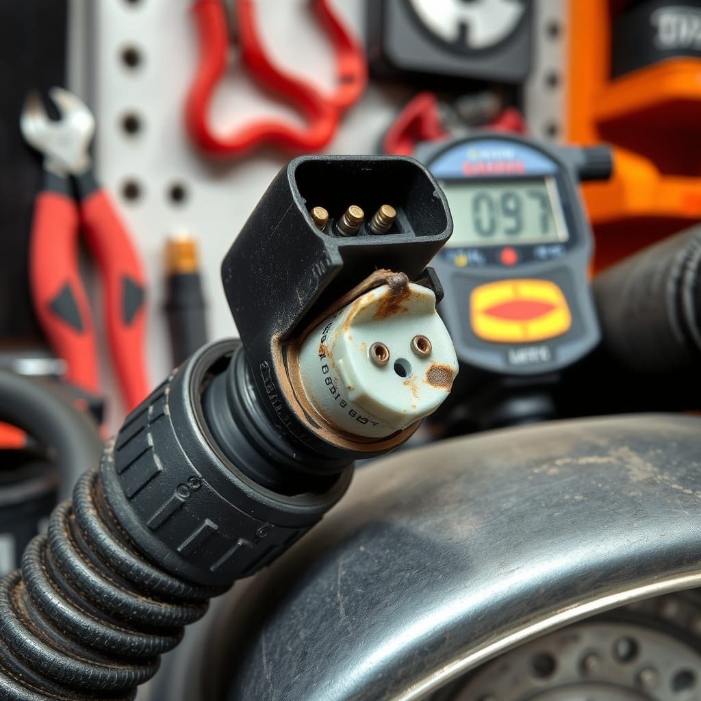 Close-up of the Engine Coolant Temperature sensor and its electrical connector, showing wiring details in a well-lit garage.