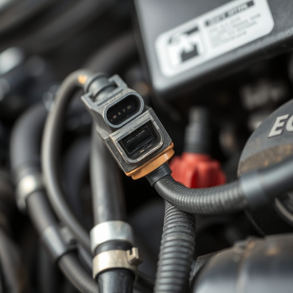 Close-up of the Engine Coolant Temperature sensor and wiring harness in a vehicle's engine compartment.