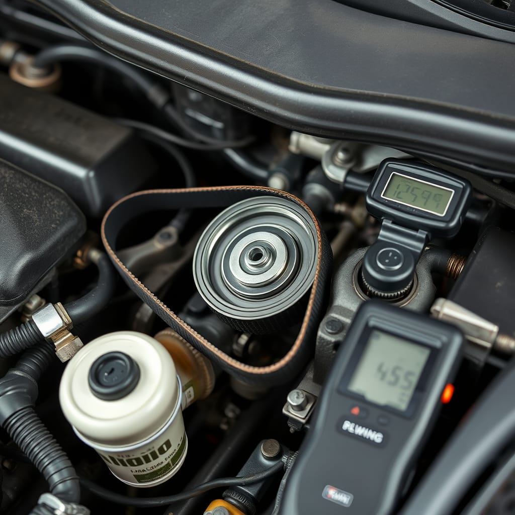 Close-up of a vehicle's engine compartment featuring an exposed timing belt, oil filter, and coolant reservoir.