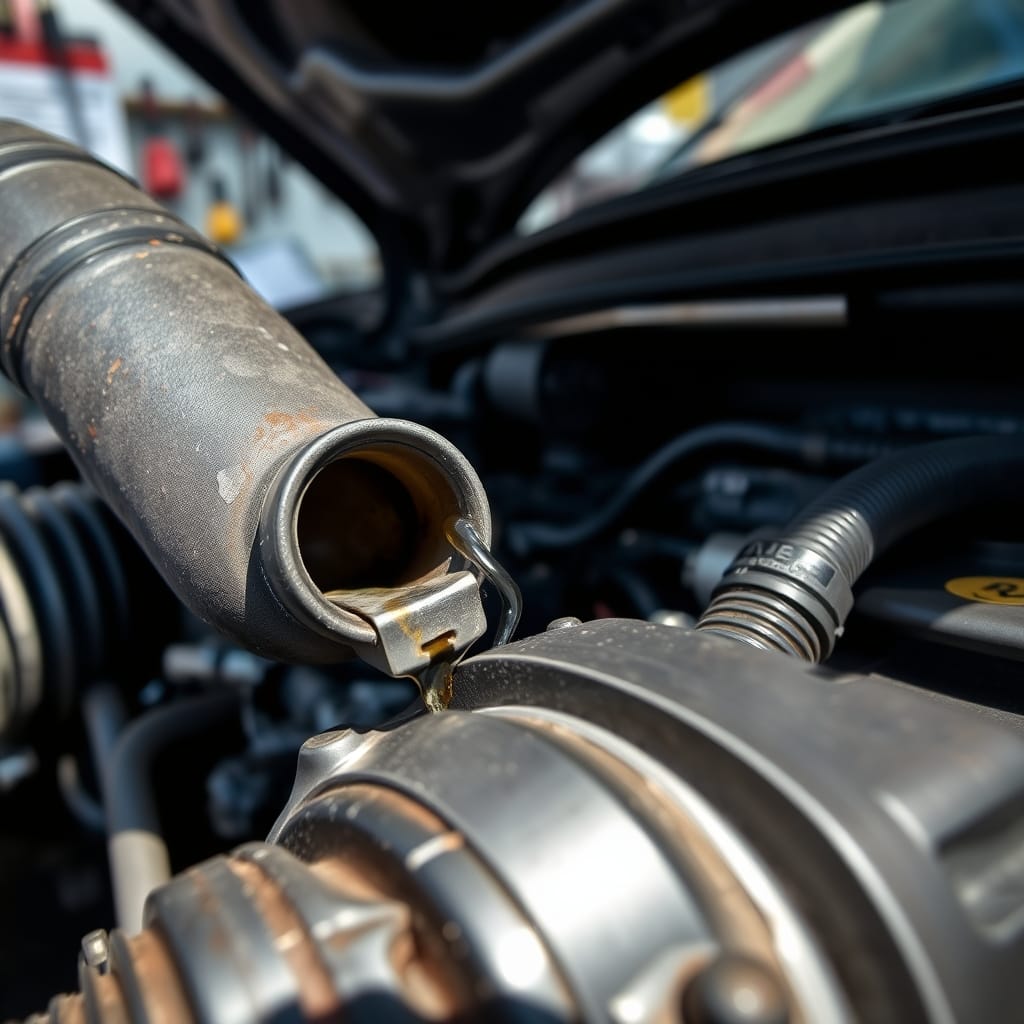 Close-up of a car engine showing a cracked hose with coolant seeping out, highlighting rubber and metal components.