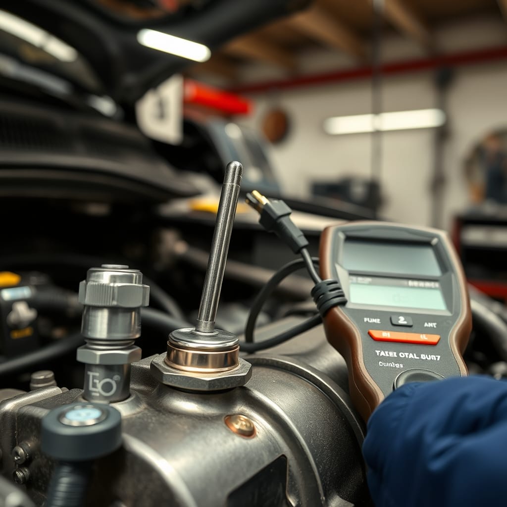 Close-up of a diagnostic setup with an oil dipstick and camshaft position sensor wiring harness in a garage setting.