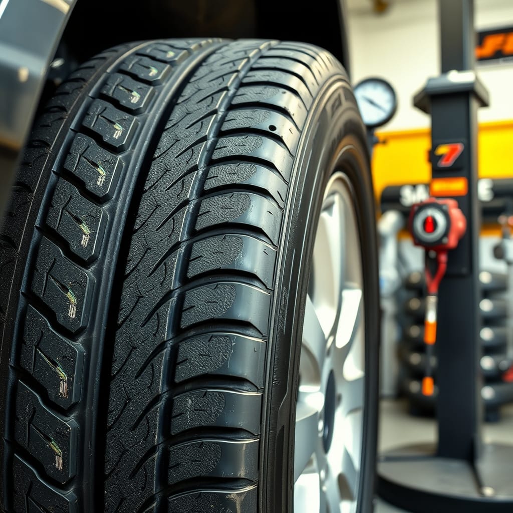Close-up of a tire showing uneven wear and imbalance inside a workshop.