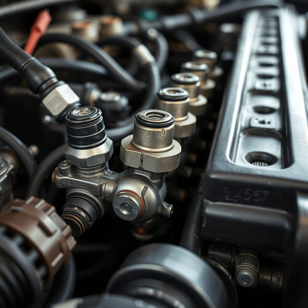 Close-up of a fuel injector and fuel rail in an engine bay, highlighting connections and fuel delivery components.