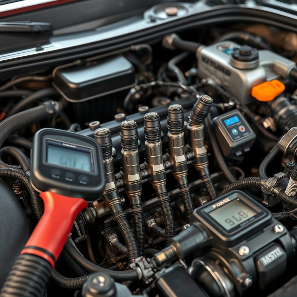 Detailed view of fuel injectors and fuel rail in a car engine bay, highlighting potential fuel delivery issues.