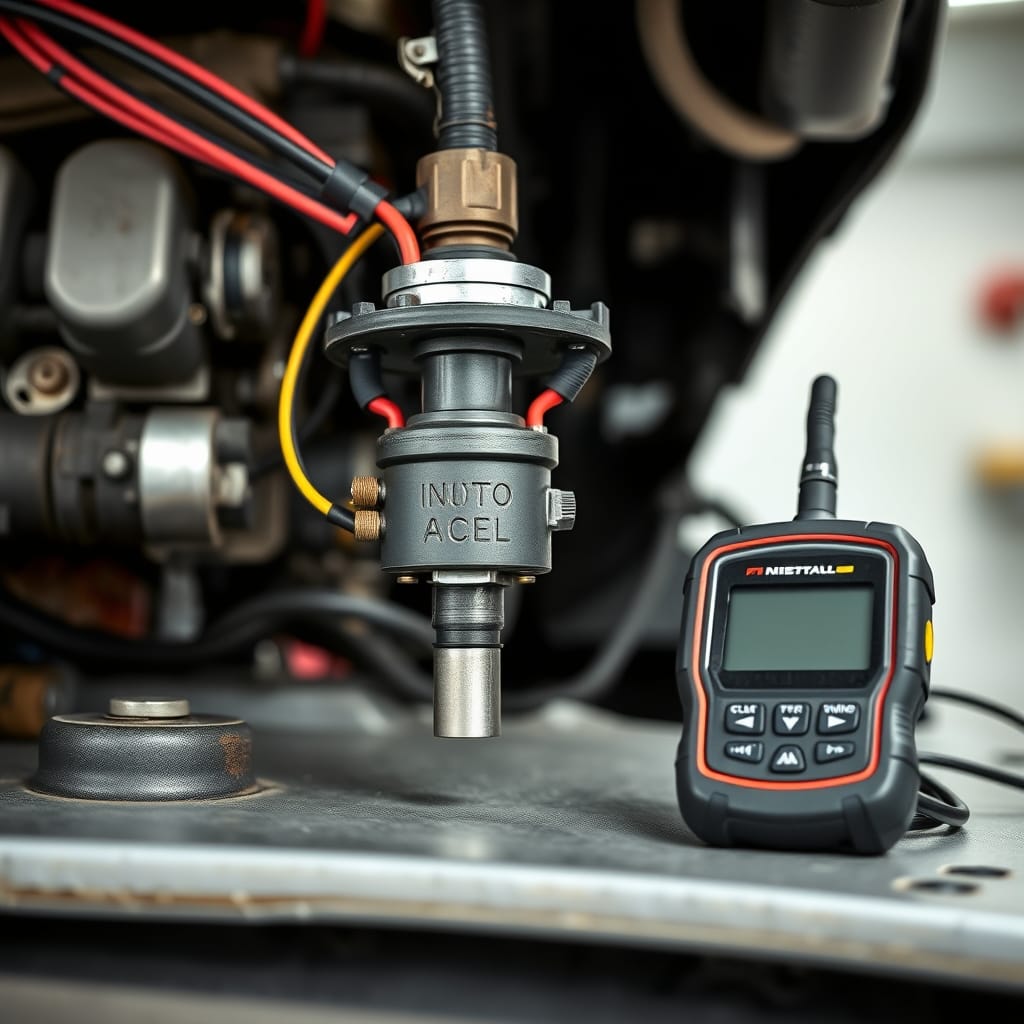 Detailed inspection of an ignition coil's electrical connections, showing wear and a nearby diagnostic tool in a garage.