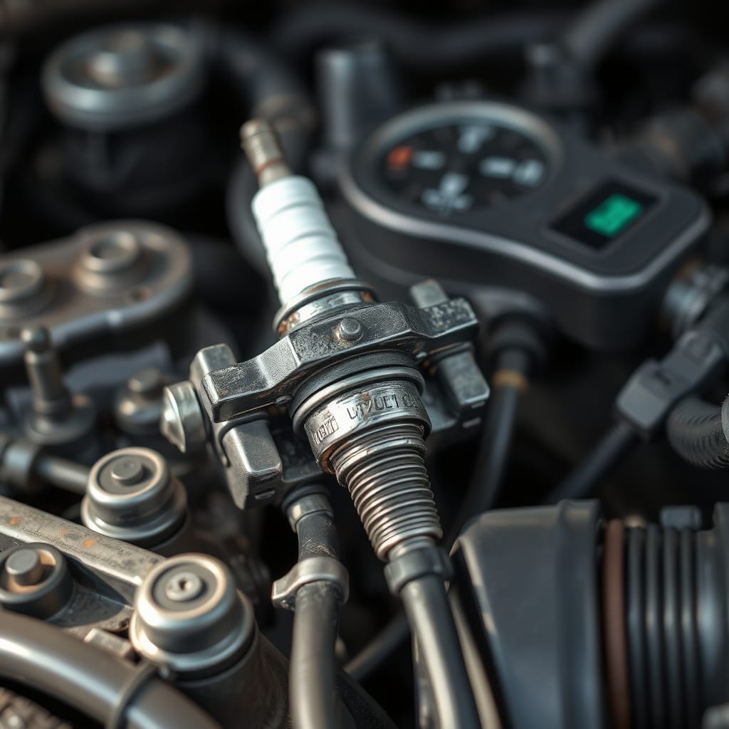 Close-up of an ignition coil and spark plug assembly, showing details like the spark plug's condition and surrounding wires.
