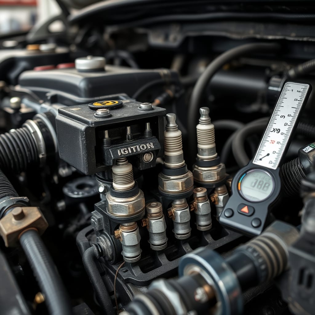 Close-up of an ignition coil and spark plugs in an engine compartment, highlighting wear and connection points relevant to crank no start diagnostics.
