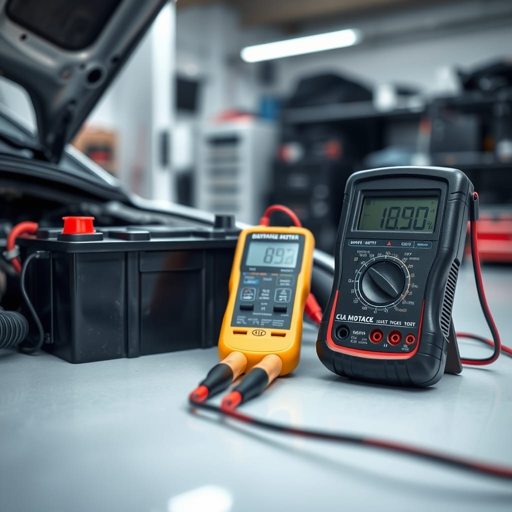 A multimeter placed on a workbench next to a car battery, illustrating the diagnostic process in a workshop.
