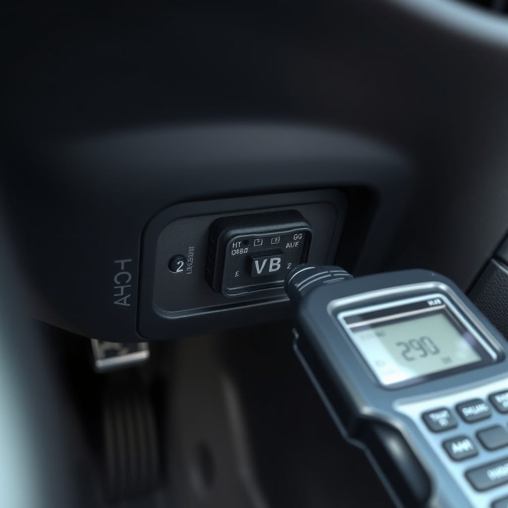 Close-up of an OBD-II port under a vehicle's dashboard with a diagnostic scanner plugged in, focusing on the inspection setup.
