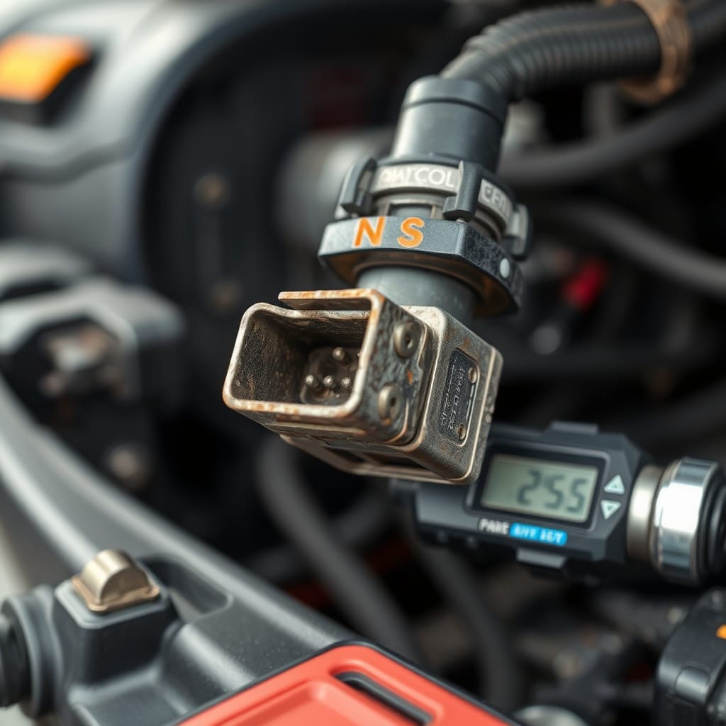 Close-up of an oxygen sensor's wiring harness, highlighting connectors and wiring in a technical inspection setting.