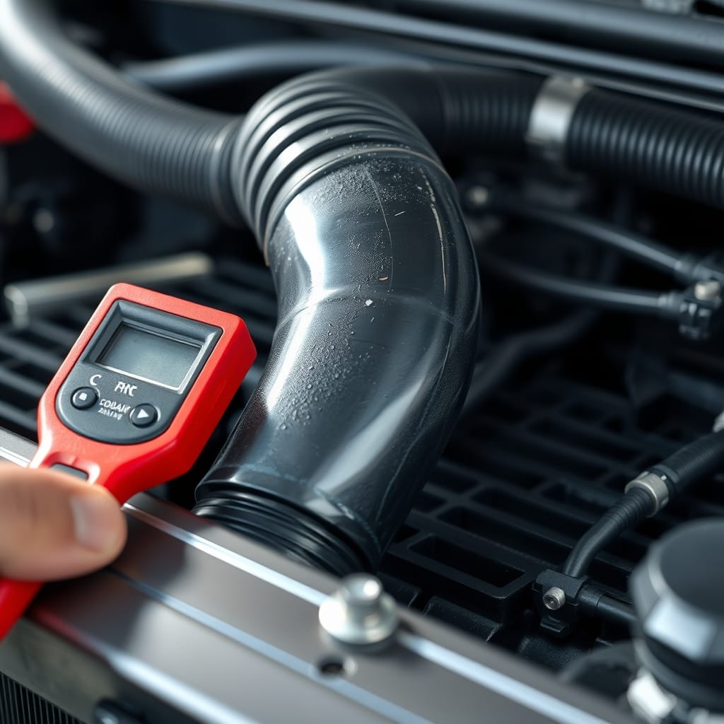 Close-up of a radiator and upper radiator hose in a vehicle, emphasizing coolant flow and hose condition.