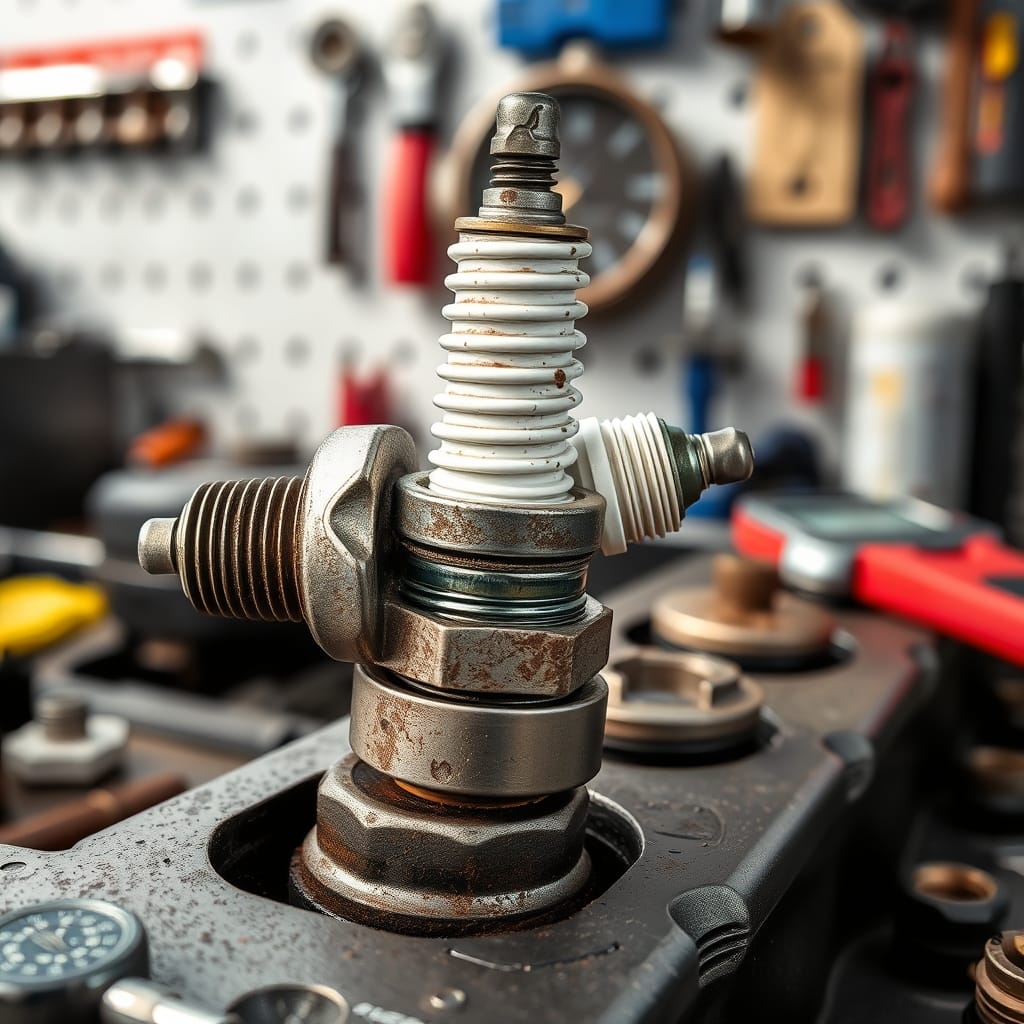Close-up of a spark plug removed from a cylinder head, showing wear and carbon deposits on a clean workbench.